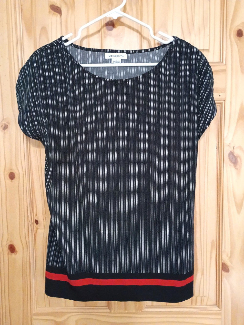 Llz Claiborne Women Black Red Top Sz L Stretch Cap Sleeve Classic Work